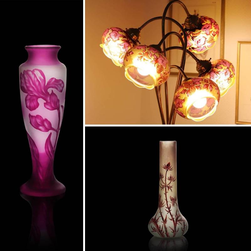 Sculpture de fleur Art Nouveau en verre et métal, inspirée par les créations de Gallé ou Majorelle, avec des lignes organiques.